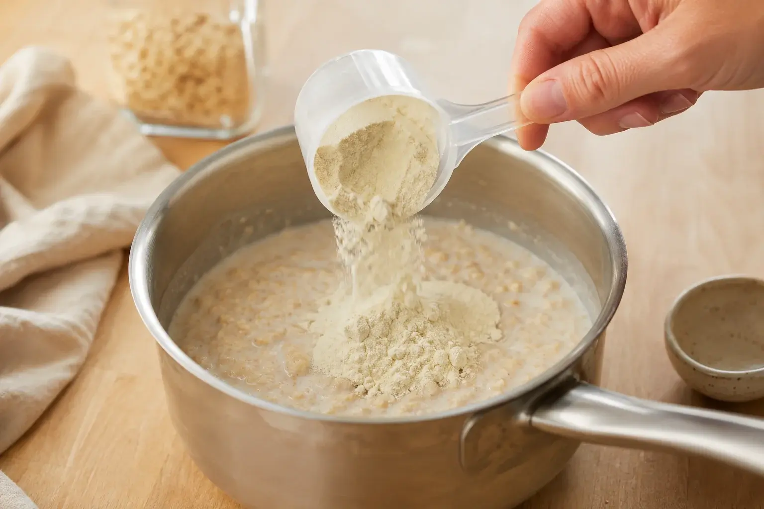 Main versant un scoop de whey vanille dans le porridge hors du feu, mélange crémeux visible