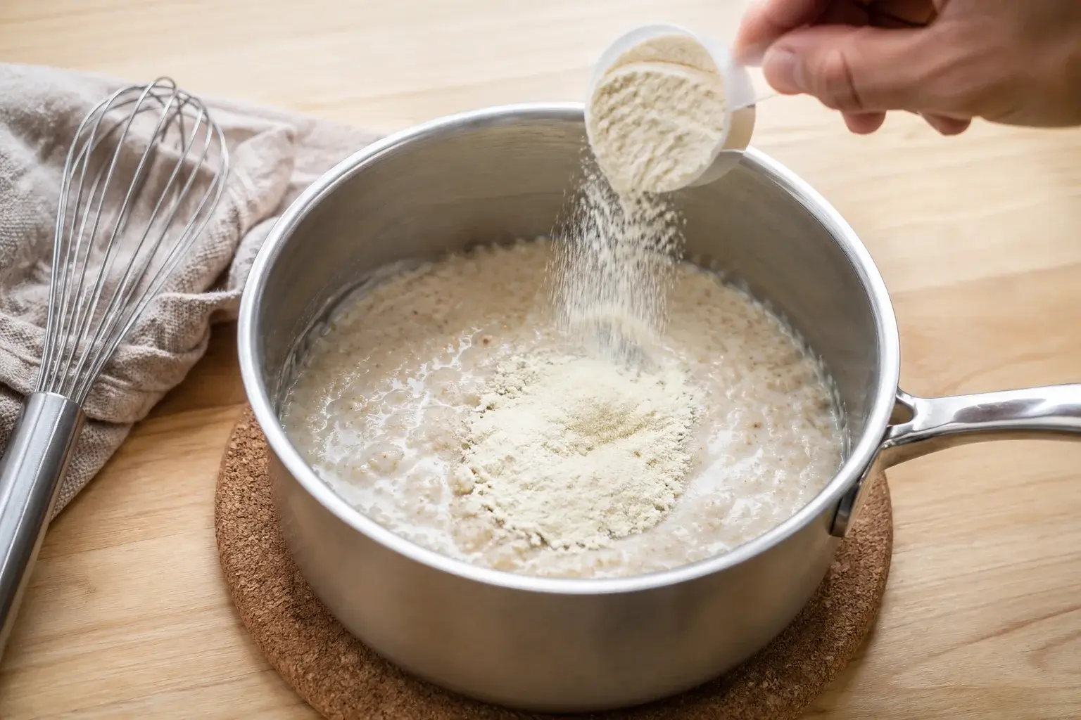 Main versant de la whey protéine en poudre dans le porridge tiède avec un fouet à côté