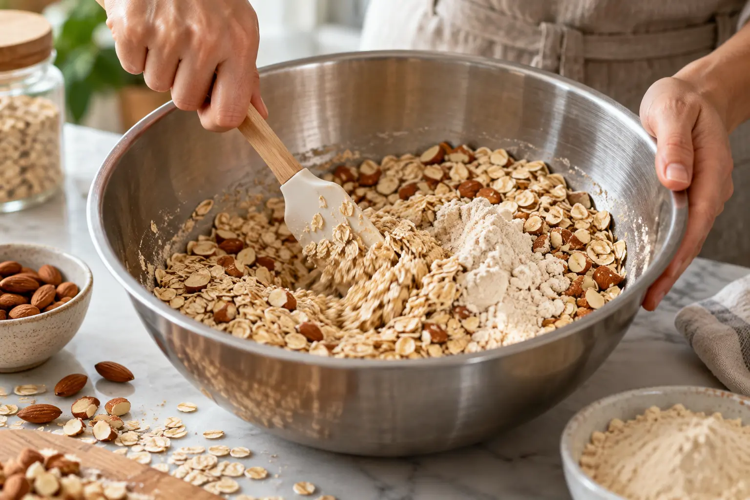 Mélange de flocons d'avoine, amandes concassées et whey dans un saladier