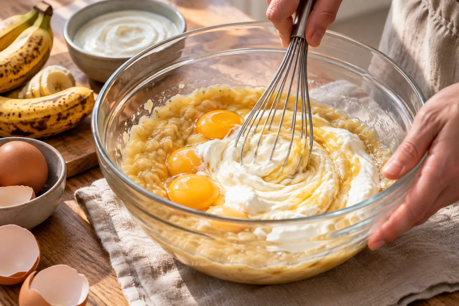 Mélange des œufs et du fromage blanc dans le saladier de purée de banane