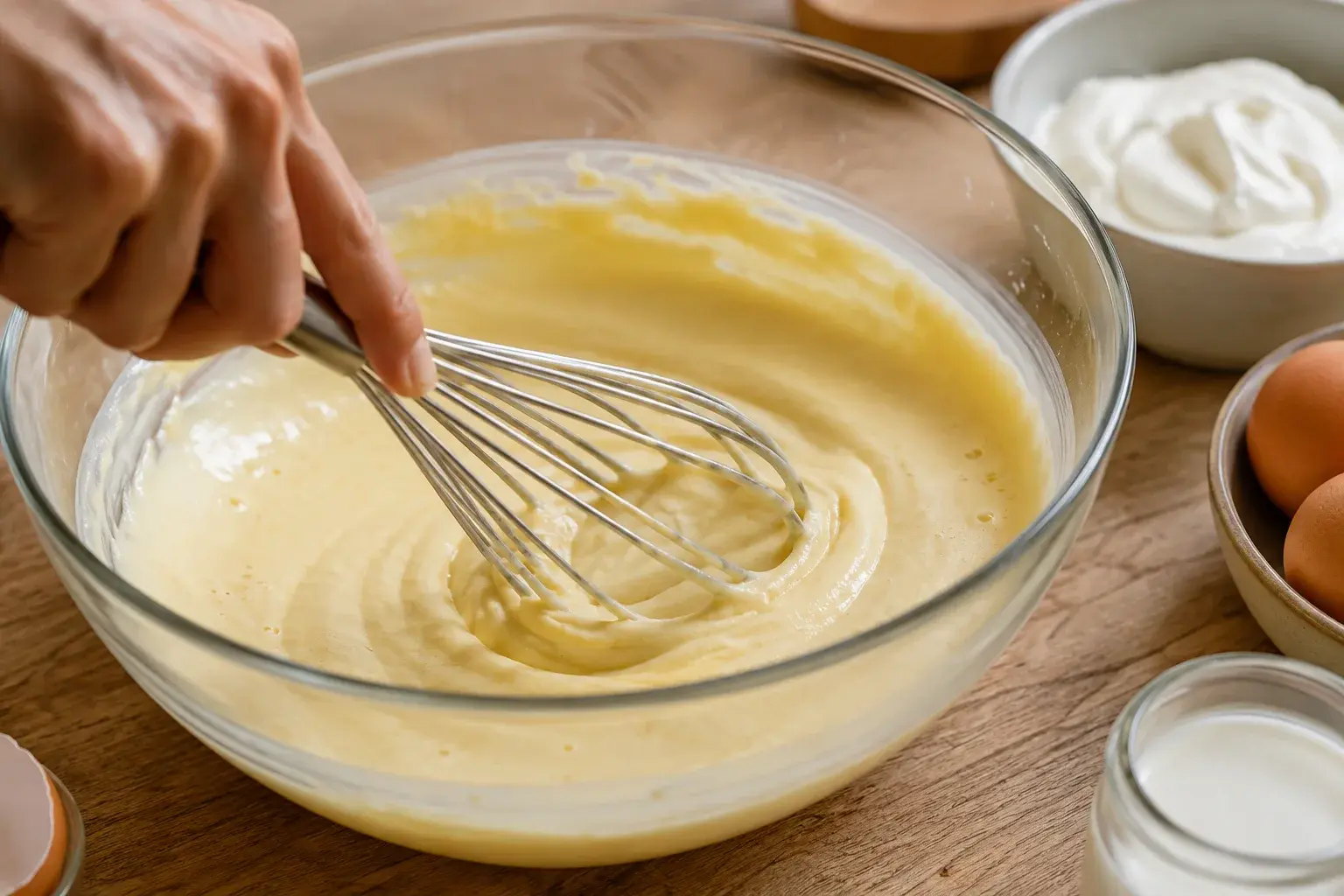 Main fouettant les œufs avec le fromage blanc et le lait dans un bol