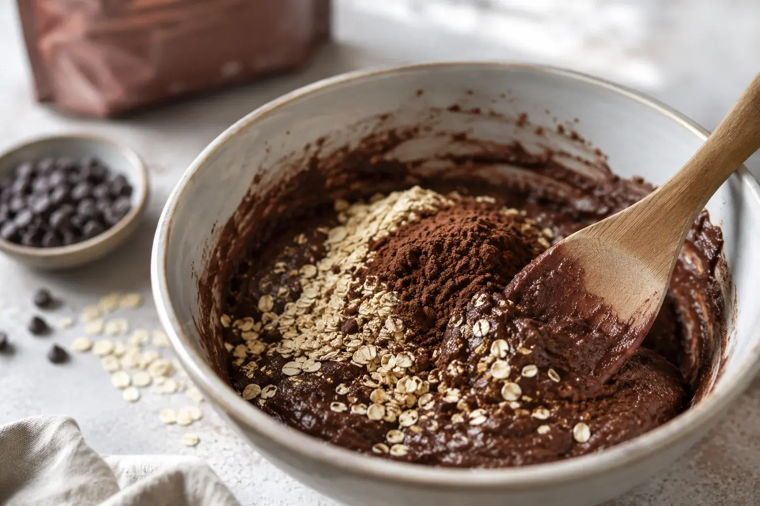 Spatule mélangeant les flocons d'avoine et le cacao dans la pâte à baked oats