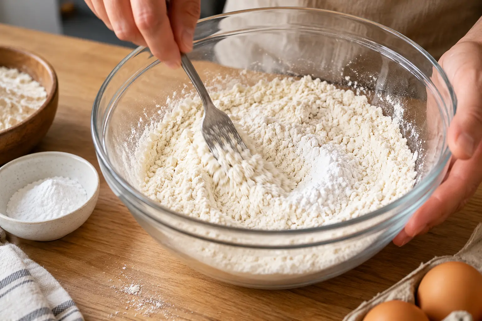 Main qui mélange la farine et la levure dans un saladier avec une fourchette