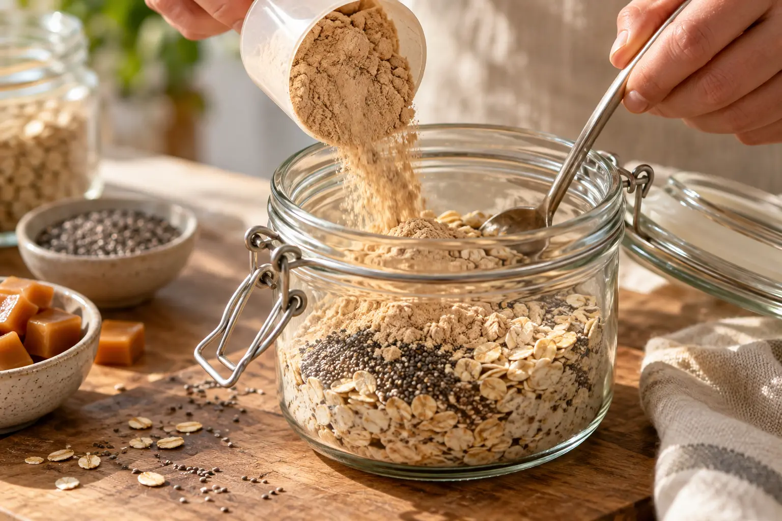 Mélange des flocons d'avoine, graines de chia et whey caramel dans un bocal