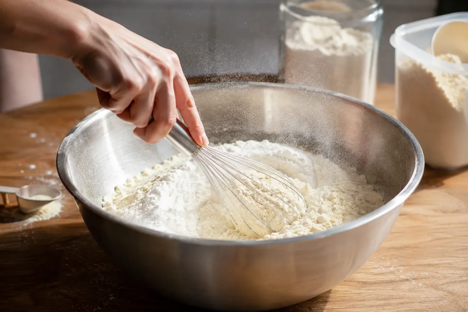 Fouet mélangeant la farine et la whey vanille dans un saladier