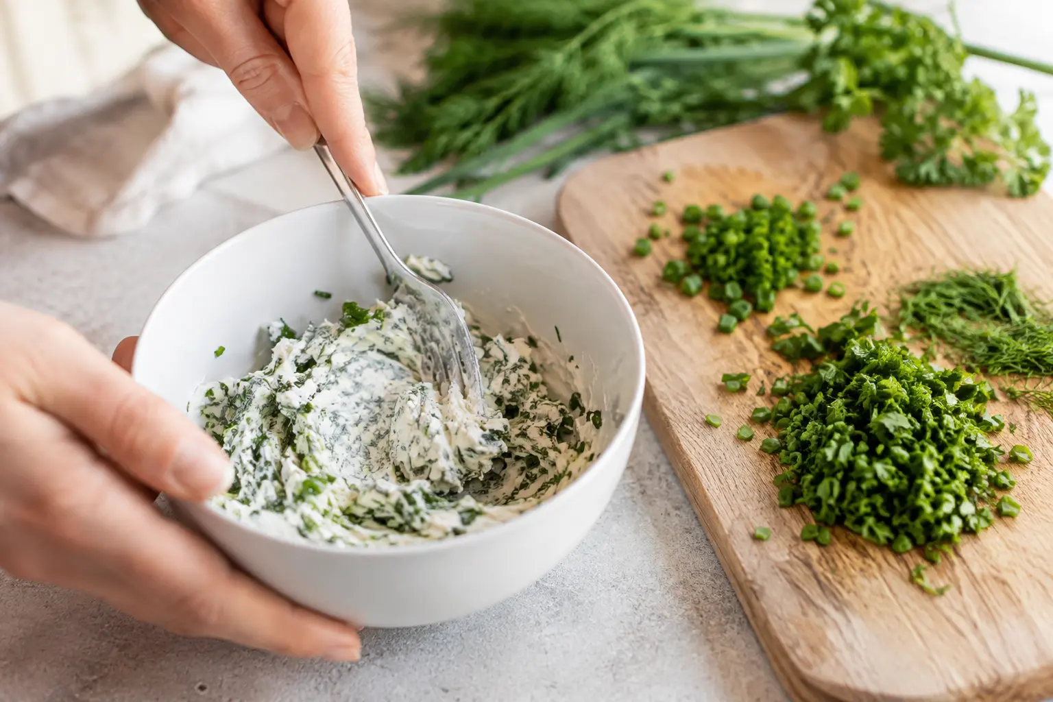 Mélange de fromage frais et herbes fraîches ciselées dans un bol avec une fourchette