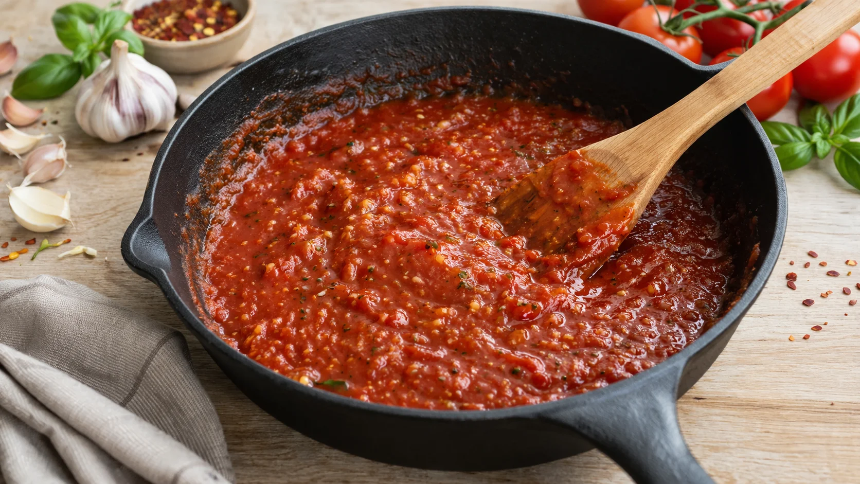 Sauce tomates-poivrons rouge et épicée en train de mijoter et réduire dans la poêle en fonte, bulles légères visibles à la surface, spatule mélangeant, vapeur parfumée, plan de travail en bois clair