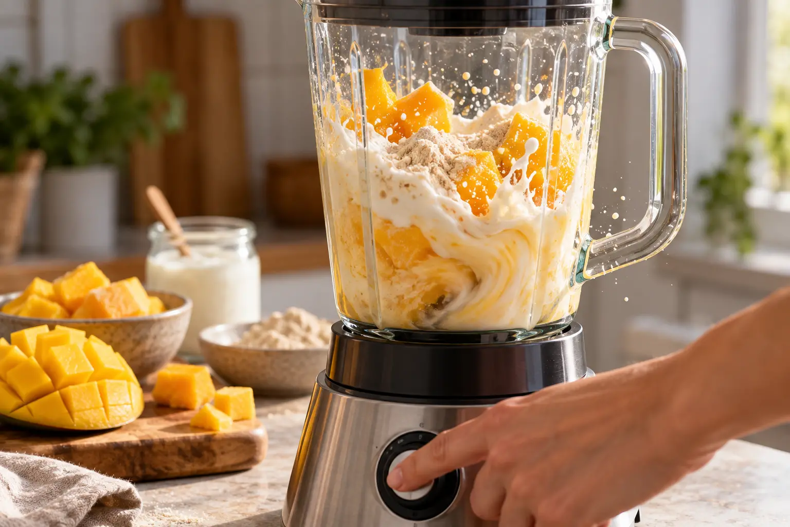 Blender contenant la mangue congelée, le yaourt grec et la whey en cours de mixage