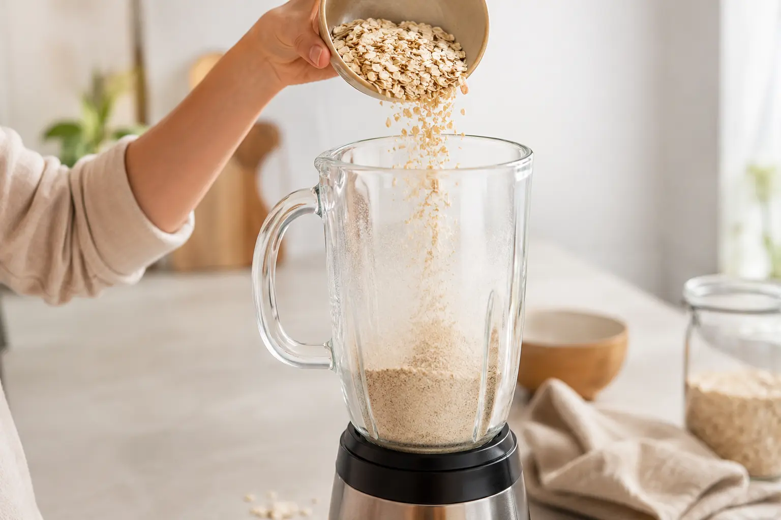 Flocons d'avoine en train d'être mixés en farine dans un blender