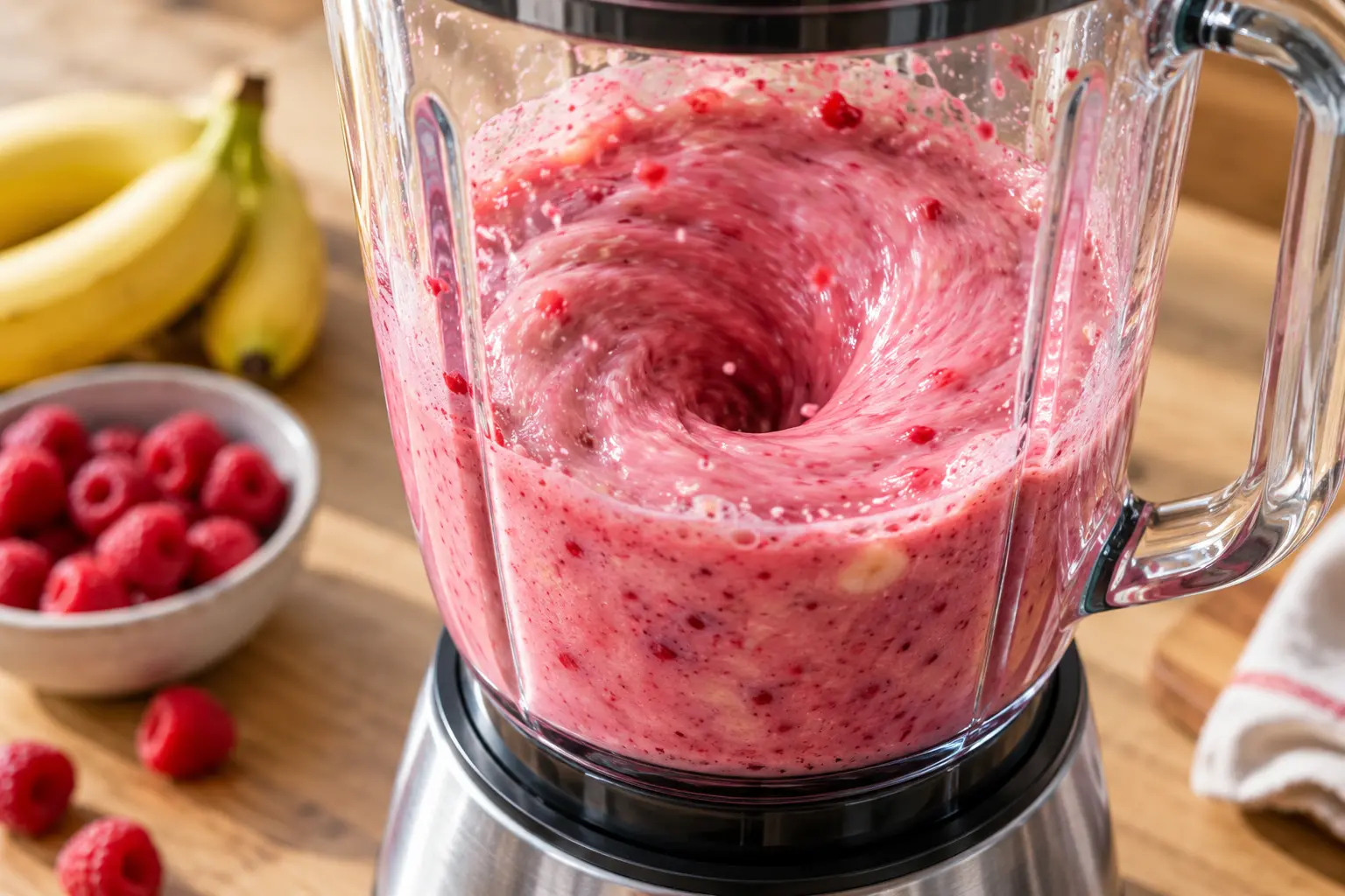 Blender en action avec le mélange rose du smoothie framboises-banane