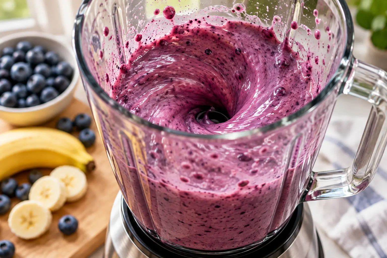 Blender en action avec le mélange violet du smoothie myrtilles-banane en train d'être mixé