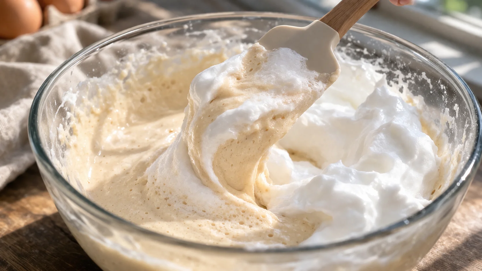 Spatule en silicone incorporant délicatement des blancs en neige fermes et brillants dans la pâte à gaufres beige, mouvement de bas en haut visible dans le saladier