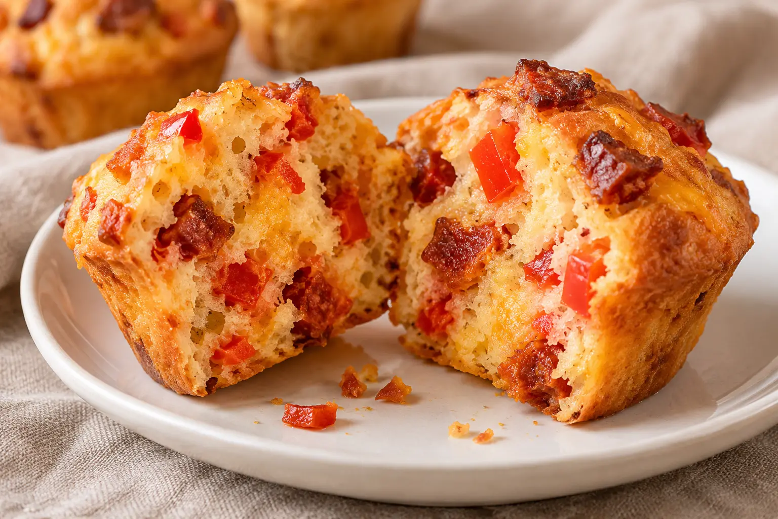 Muffin chorizo-poivrons coupé en deux montrant la texture moelleuse et les morceaux de chorizo