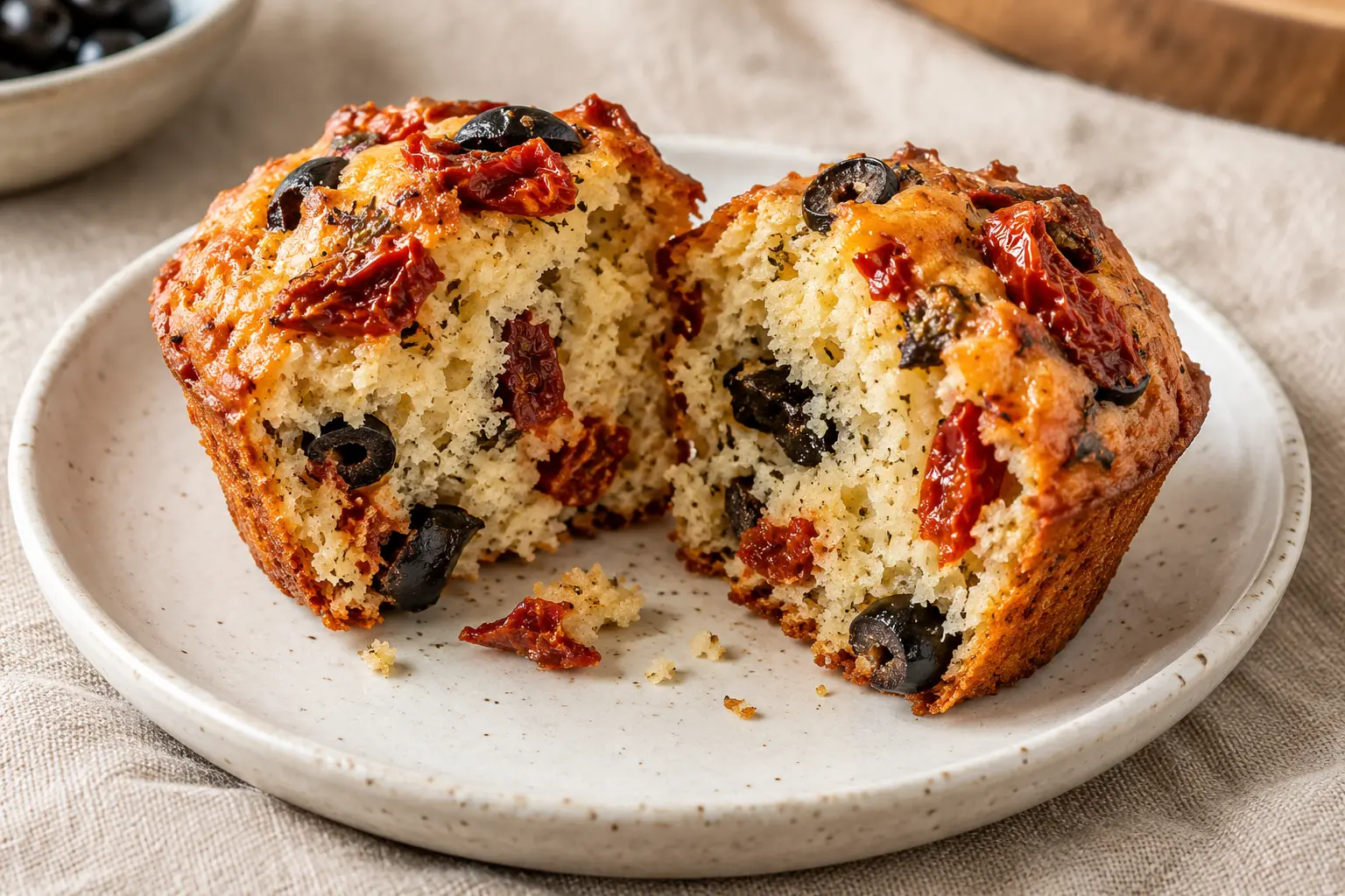 Muffin tomates-olives protéiné coupé en deux montrant la texture moelleuse