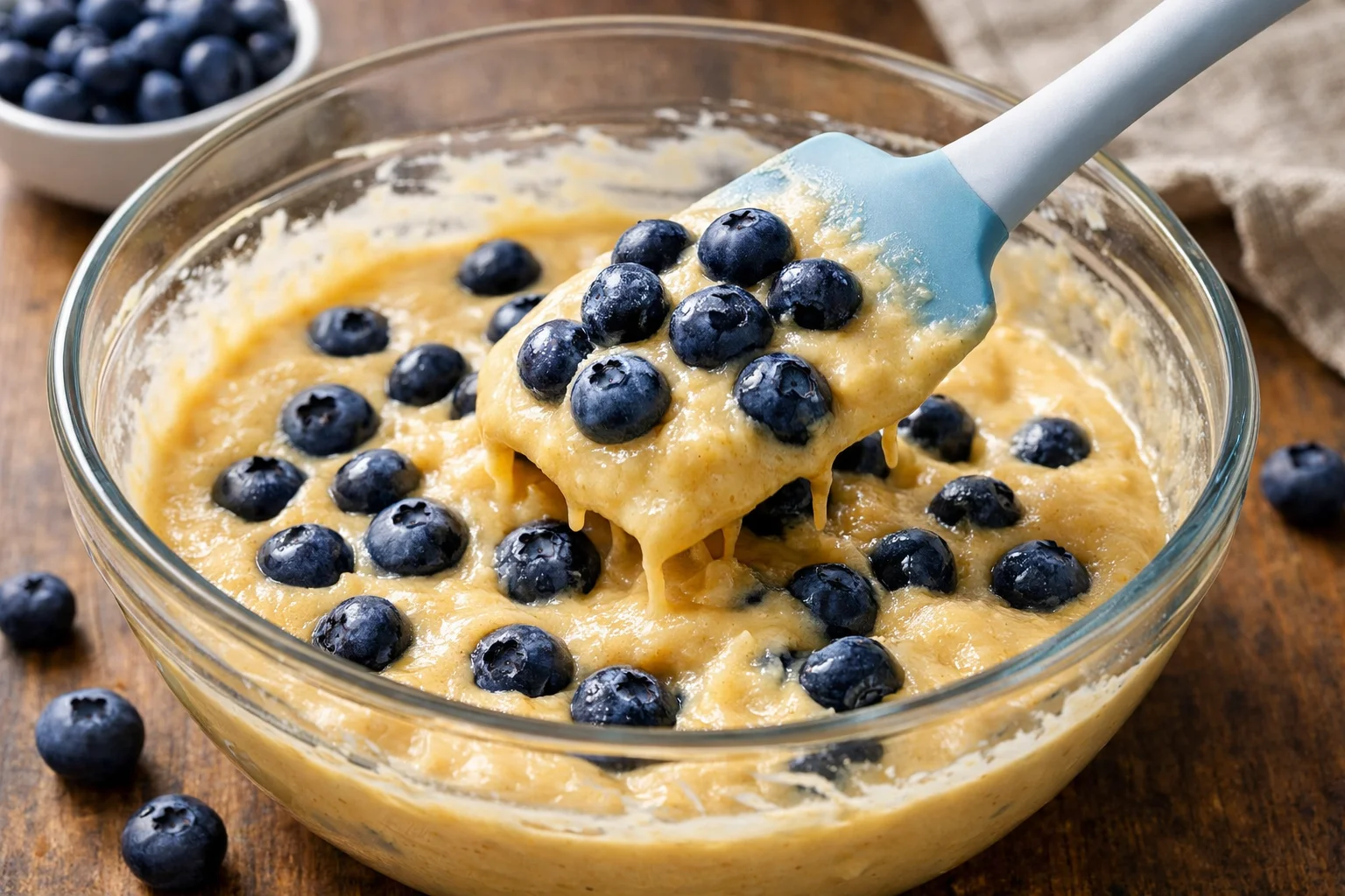 Spatule incorporant des myrtilles fraîches dans la pâte à pancakes, quelques myrtilles encore entières visibles