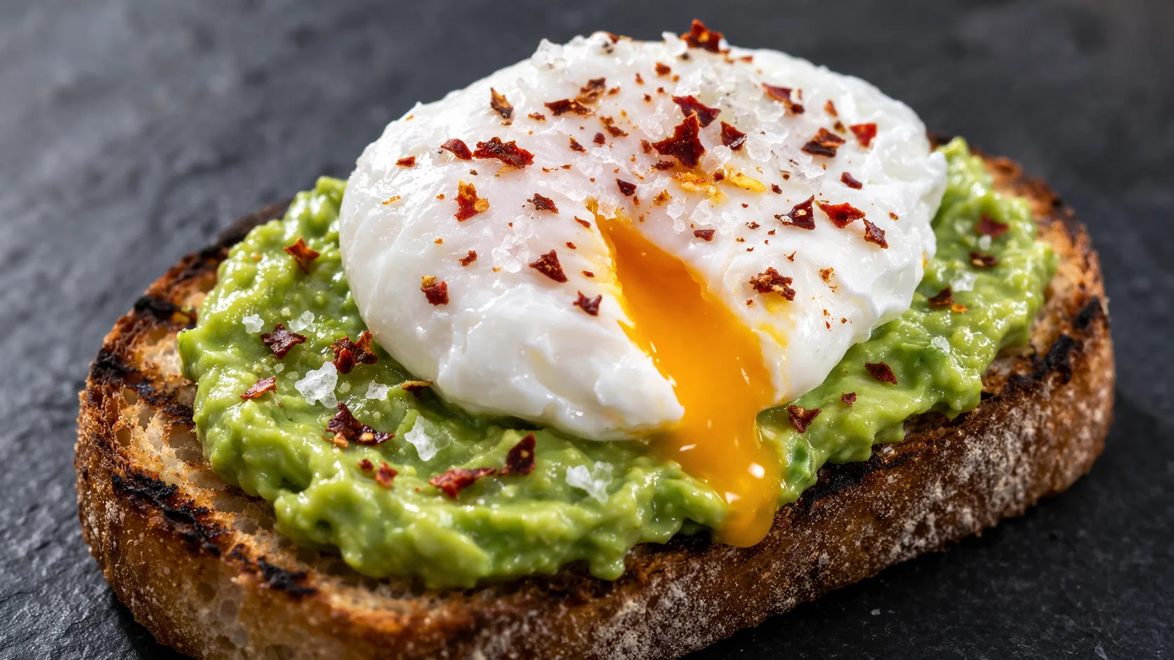 Gros plan sur un œuf poché au jaune coulant posé sur une purée d'avocat verte et crémeuse sur pain grillé, piment et fleur de sel visibles