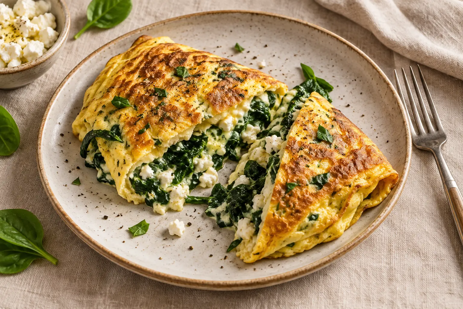 Part d'omelette épinards-feta vue de dessus montrant la garniture fondante