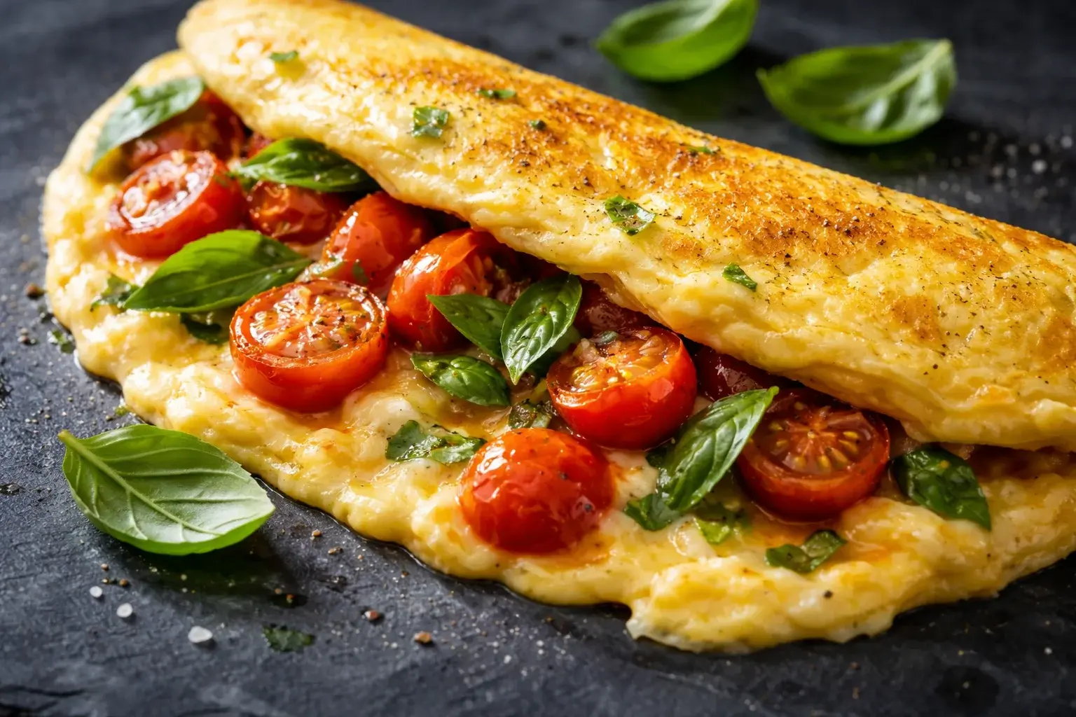 Gros plan sur l'omelette tomates-basilic ouverte révélant la garniture de tomates fondantes et basilic frais vert, texture crémeuse de l'omelette visible, fond ardoise sombre