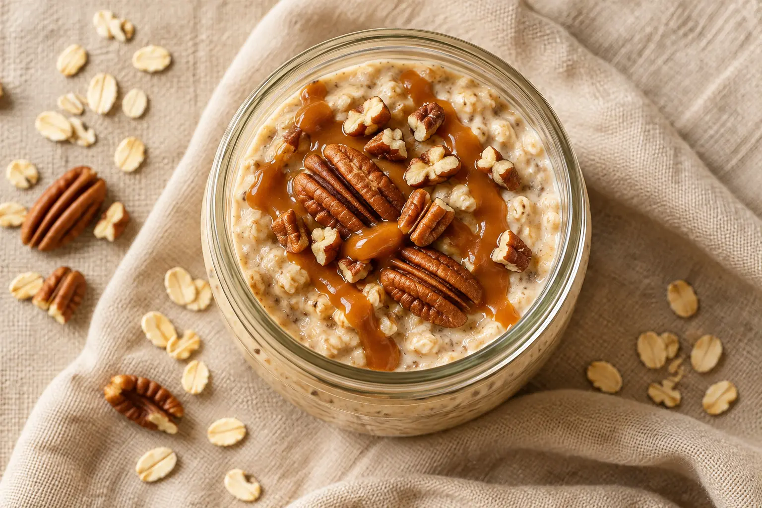 Vue de dessus d'un bocal d'overnight oats au caramel garni de noix de pécan