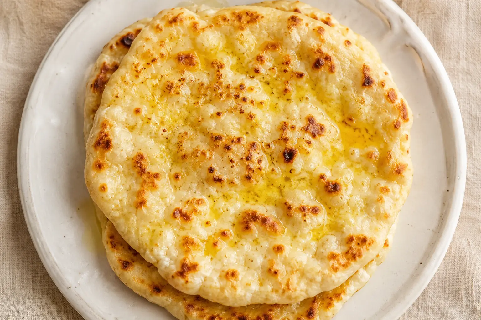 Pain plat au cottage cheese plié en deux montrant sa texture aérée