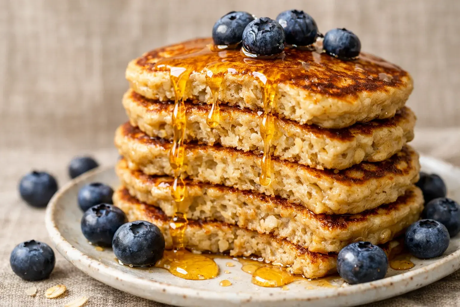 Gros plan sur la tranche d'une pile de pancakes banane-avoine, texture aérée et dorée visible, myrtilles et filet de miel sur le dessus