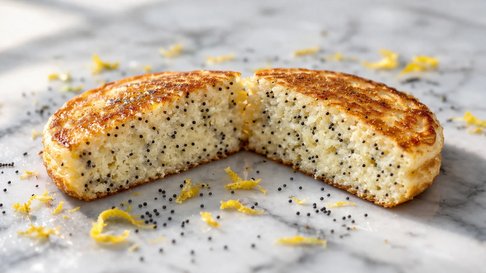 Pancakes citron-pavot tranchés de profil révélant la mie moelleuse et les graines de pavot, yaourt grec à côté