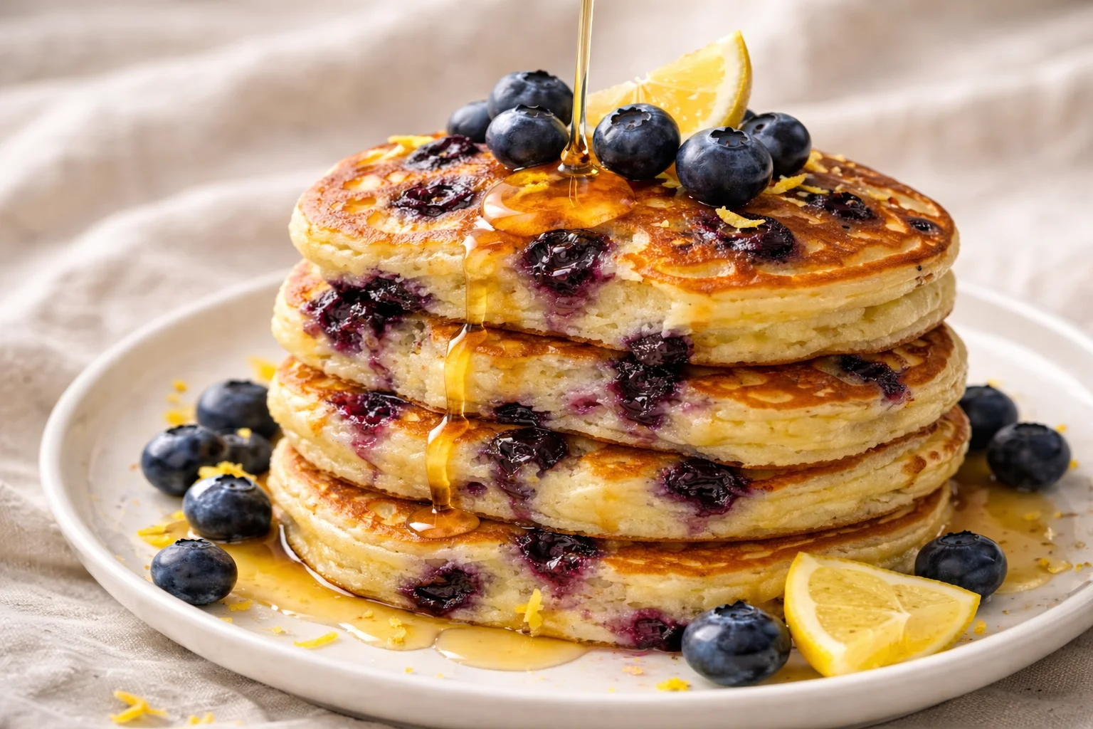 Gros plan sur une pile de pancakes myrtilles-citron, tranche révélant myrtilles fondantes dans la mie moelleuse, filet de miel ambré sur le dessus