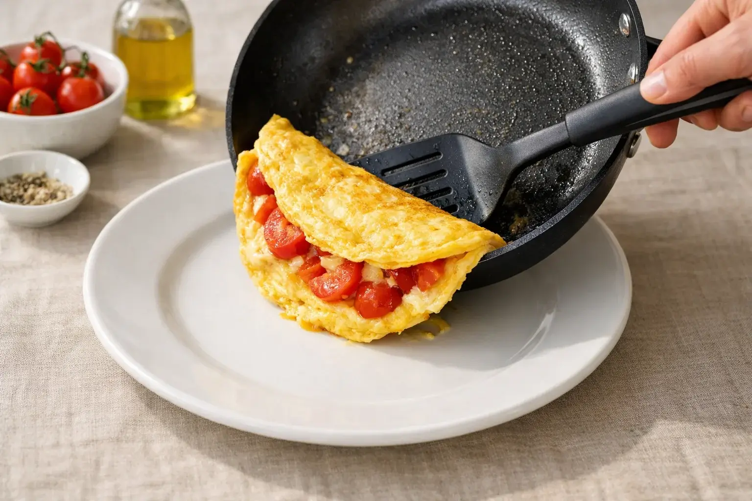 Main inclinant la poêle pour faire glisser l'omelette garnie vers le bord, spatule repliant la moitié sans garniture sur l'autre, omelette en forme de demi-lune en cours de formation, fond lin beige