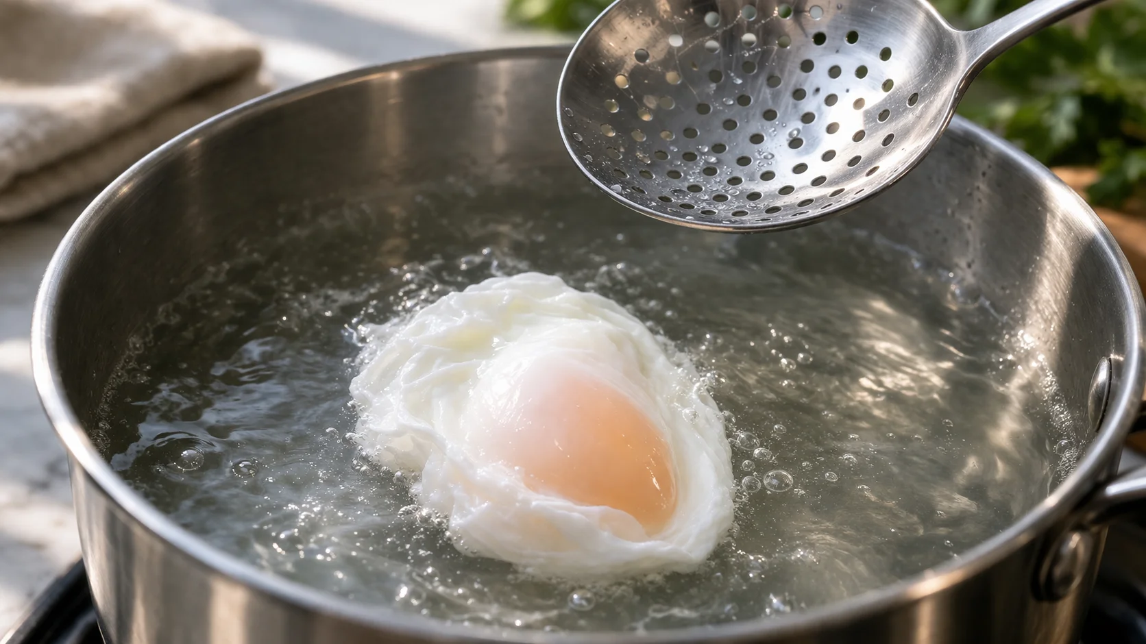 Œuf en train de pocher dans l'eau frémissante avec vinaigre, blanc enveloppant le jaune en forme de larme, écumoire à côté dans une casserole inox