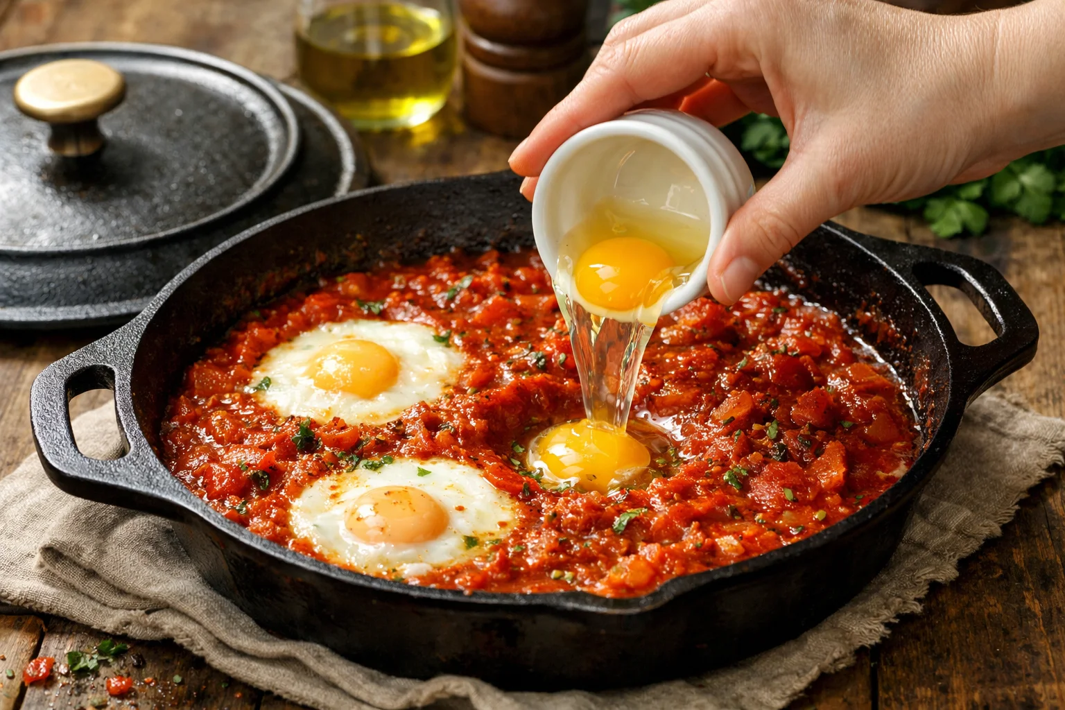 Main glissant délicatement un œuf depuis un ramequin blanc dans un creux de la sauce tomates rouge épicée de la poêle en fonte, deux autres creux avec œufs déjà en train de pocher visibles, couvercle à côté