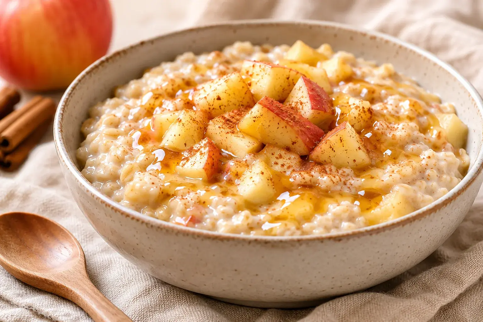 Porridge pomme-cannelle protéiné vu de dessus avec cuillère et morceaux de pomme caramélisés
