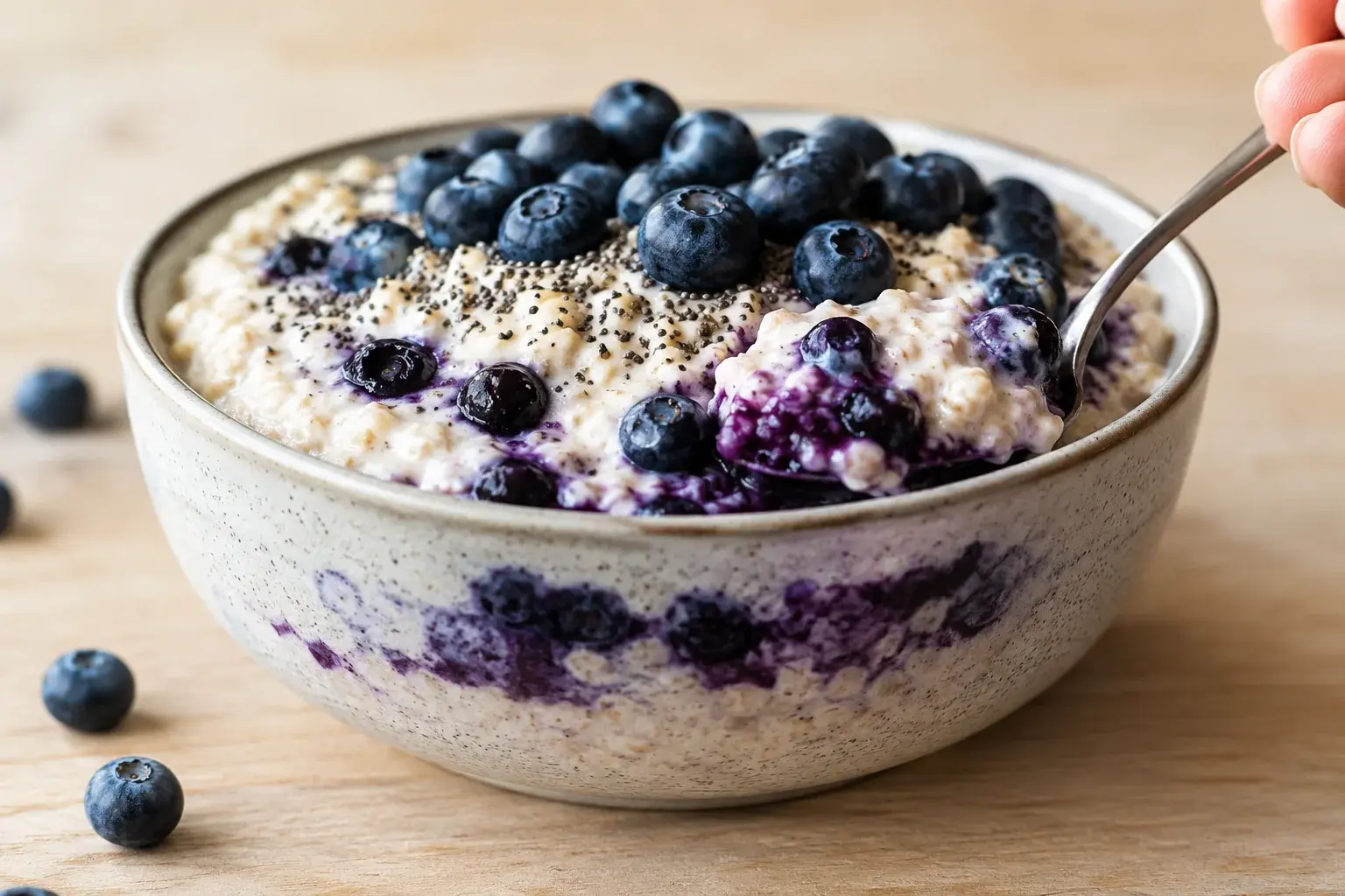 Porridge protéiné aux myrtilles dans un bol en céramique avec une cuillère, gros plan sur la texture crémeuse