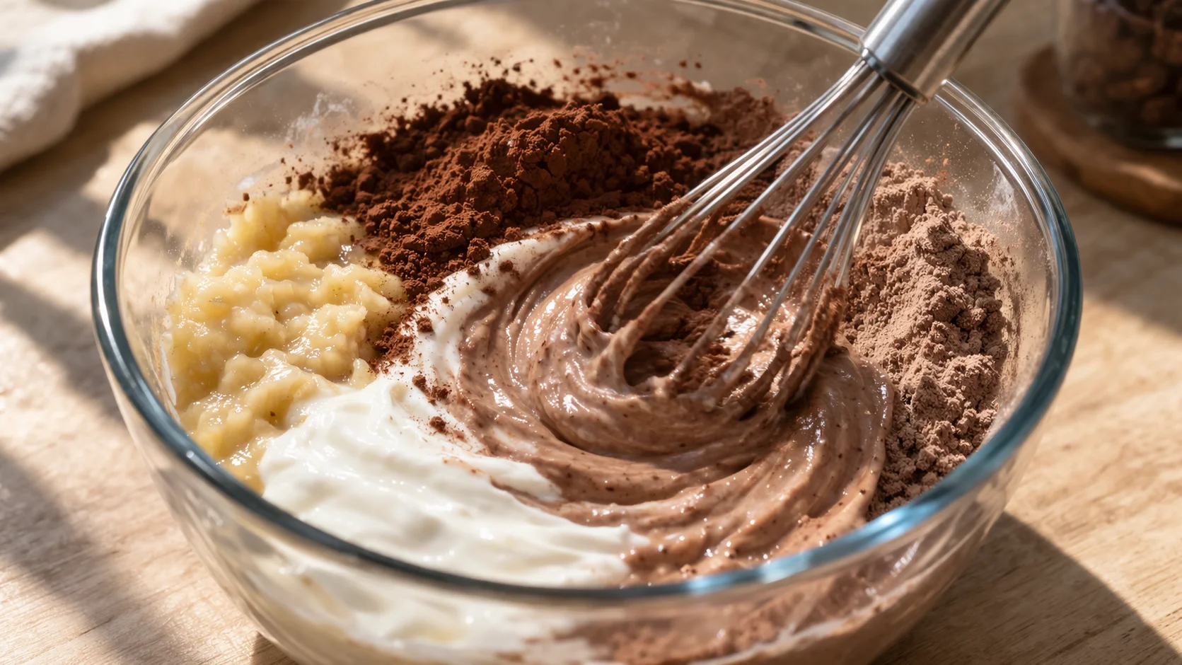 Fouet mélangeant la purée de banane, le yaourt grec, le cacao et la whey chocolat dans un saladier en verre, mélange brun et crémeux en formation, plan de travail en bois clair