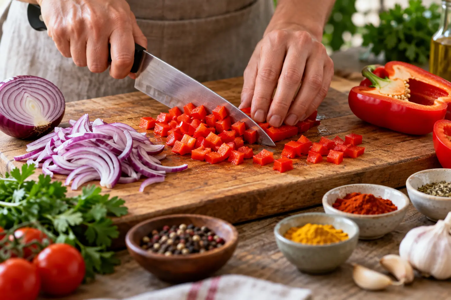 Planche à découper avec poivron rouge en dés, oignon émincé et épices dans un petit bol