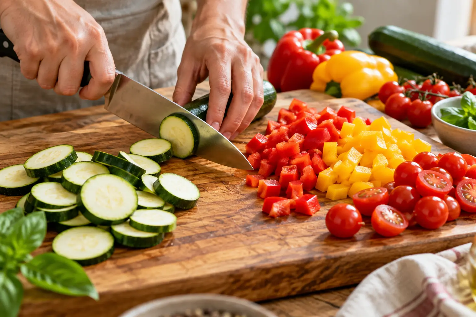 Légumes du soleil découpés sur une planche à découper en bois