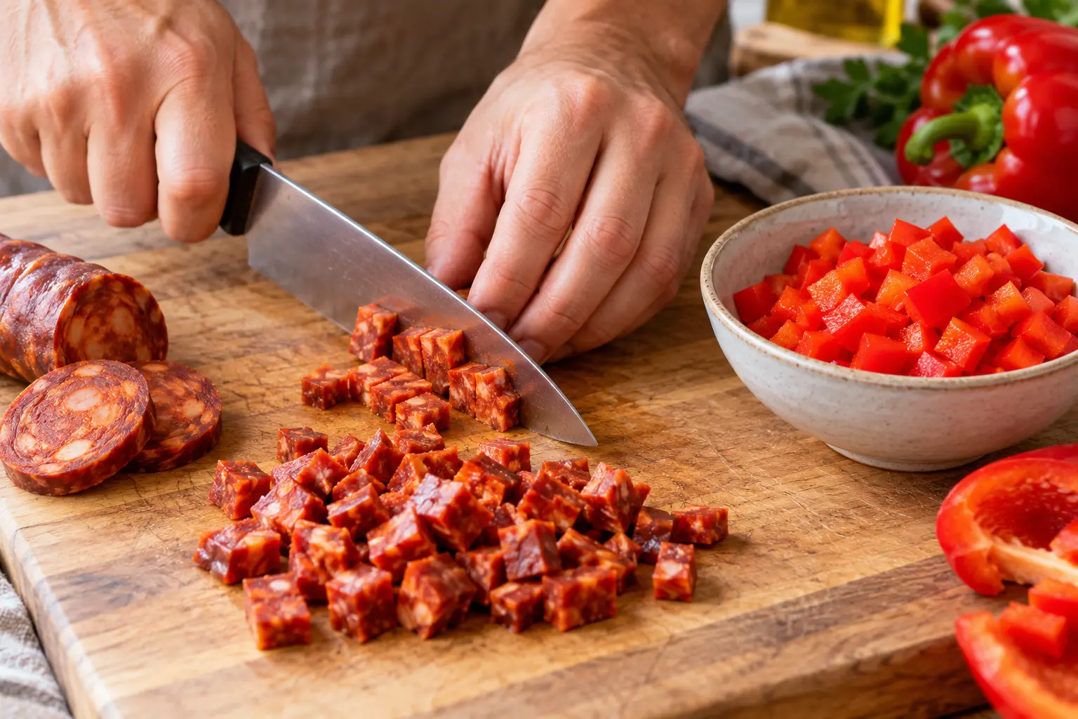 Planche à découper avec des dés de chorizo et de poivron rouge préparés