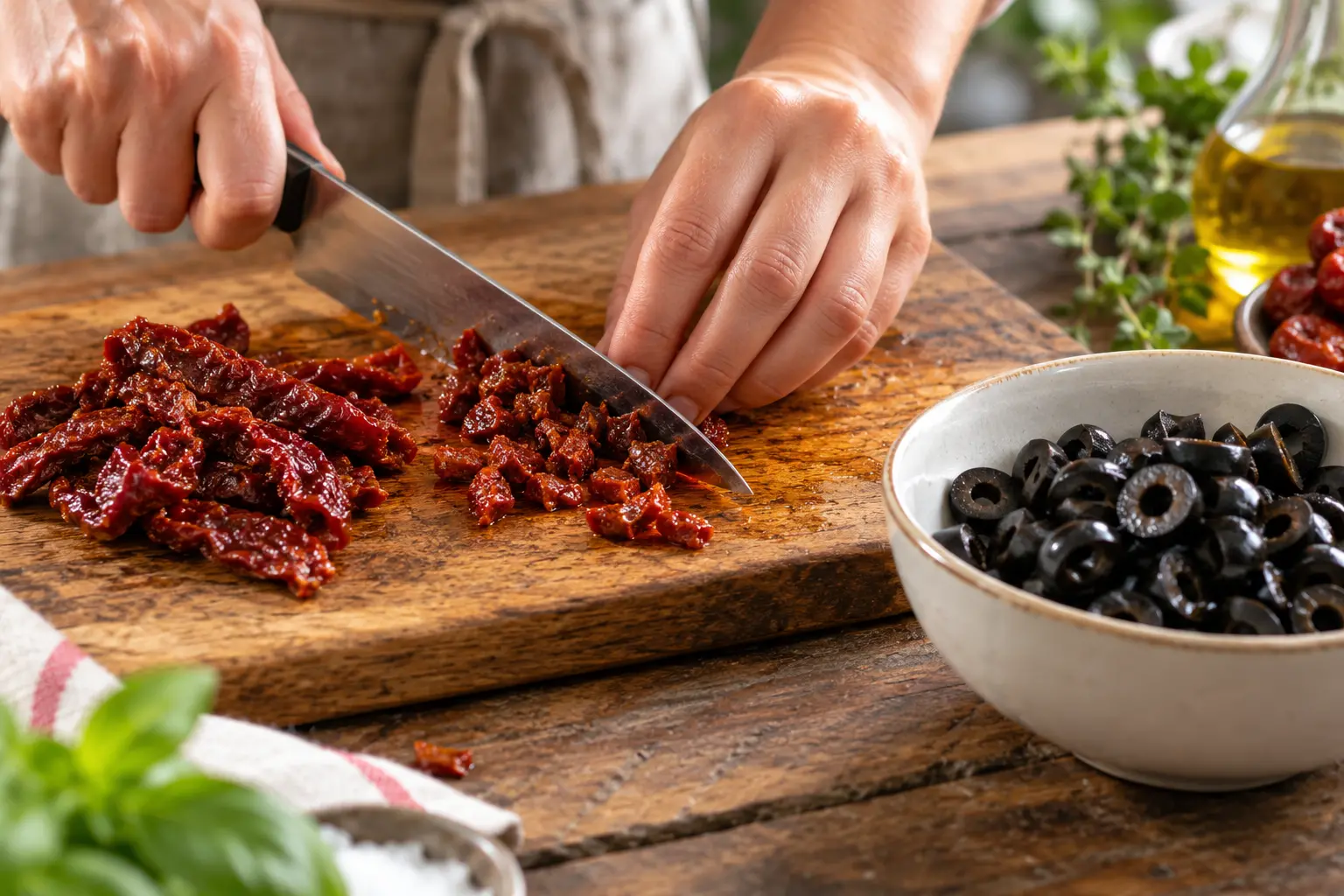 Tomates séchées coupées et olives noires en rondelles sur une planche à découper