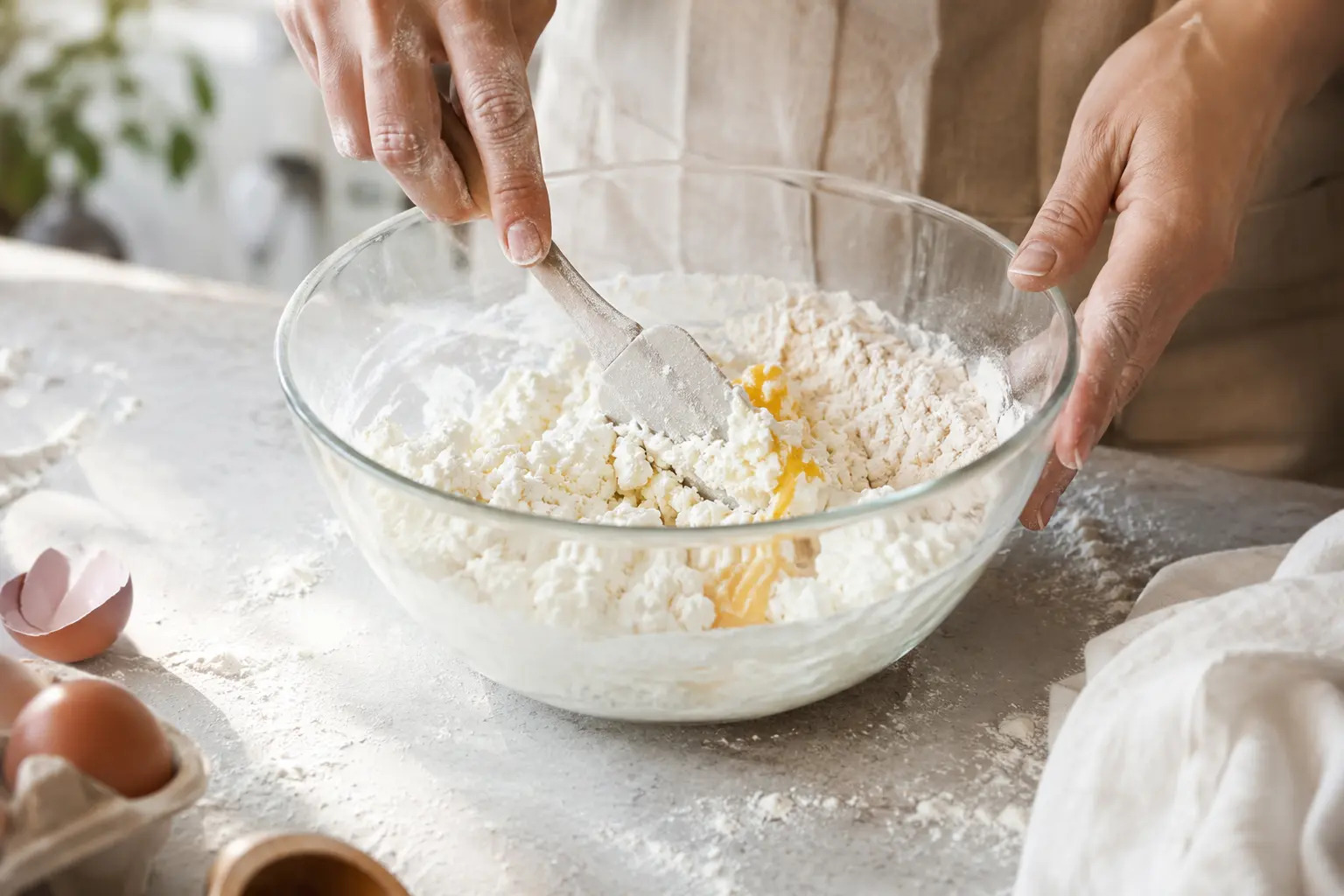 Mélange du cottage cheese et de la farine dans un saladier pour la pâte du pain plat