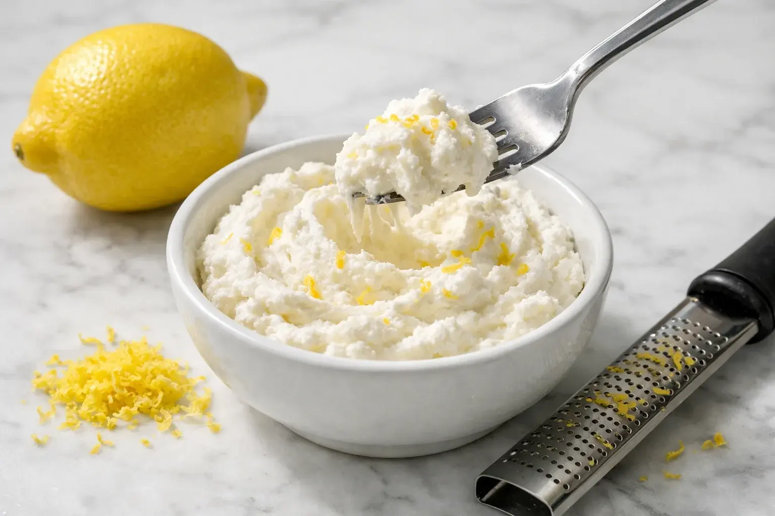 Fourchette battant de la ricotta blanche crémeuse avec du zeste de citron râpé et de la vanille dans un petit bol blanc, texture légèrement aérée en formation, plan de travail en marbre blanc
