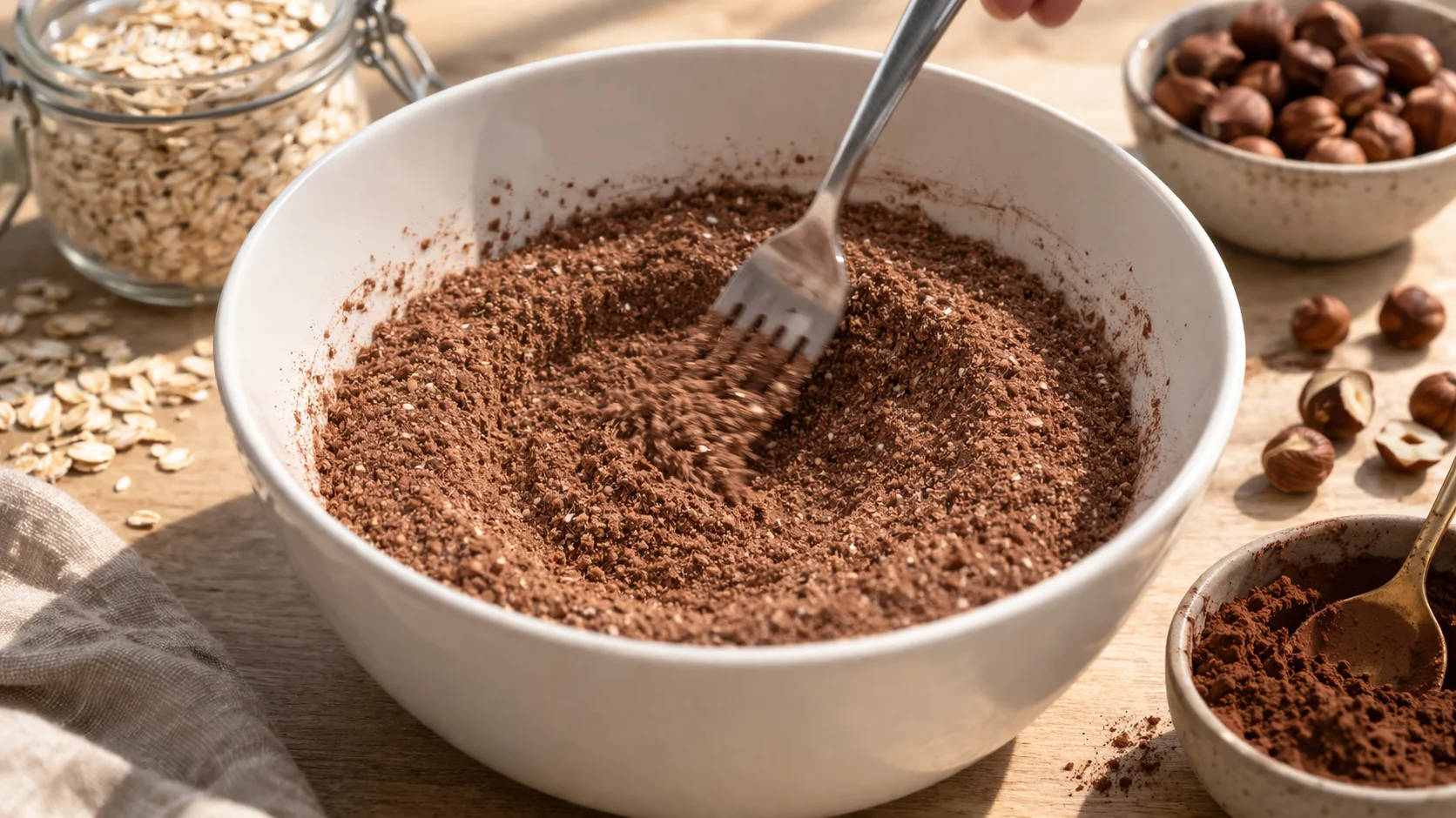 Saladier blanc contenant la farine d'avoine, la poudre de noisette, le cacao et la whey mélangés à la fourchette, poudre brune homogène, plan de travail en bois clair