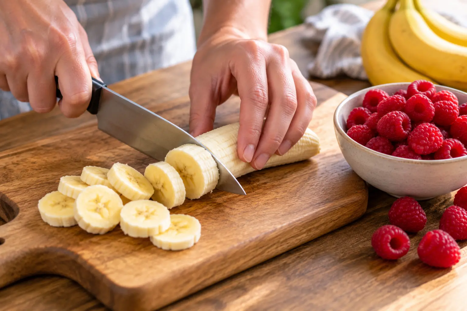 Rondelles de banane et framboises disposées sur une planche à découper