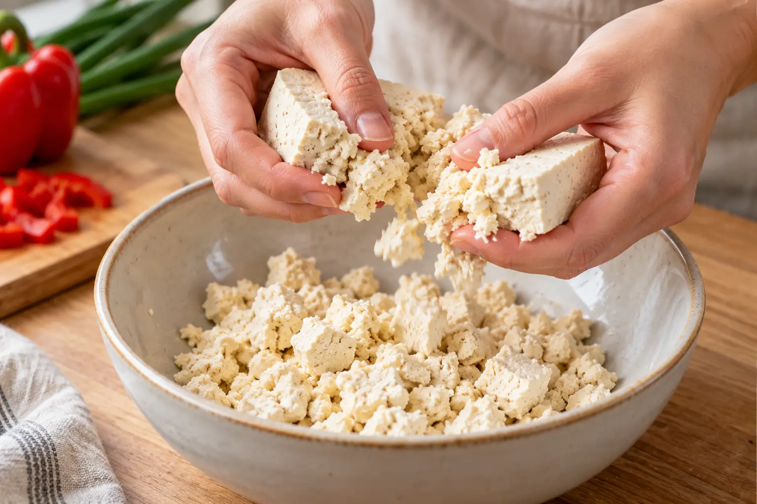 Mains émiettant du tofu ferme dans un bol en morceaux irréguliers