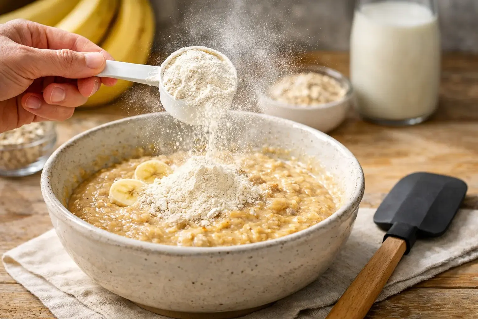 Main versant de la poudre de protéine vanille dans un bol de pâte à pancakes banane-avoine