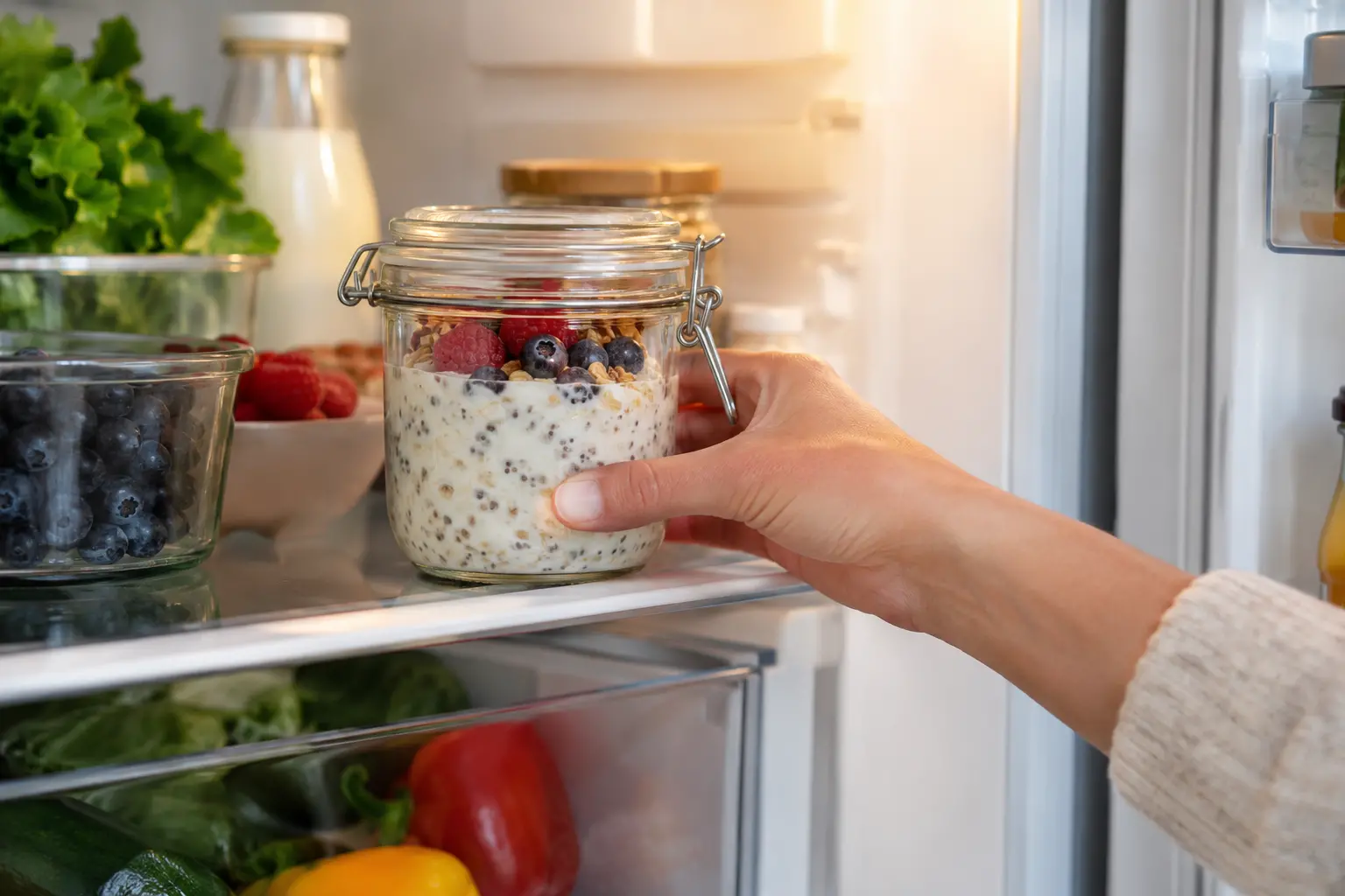Bocal d'overnight oats au caramel placé dans le réfrigérateur