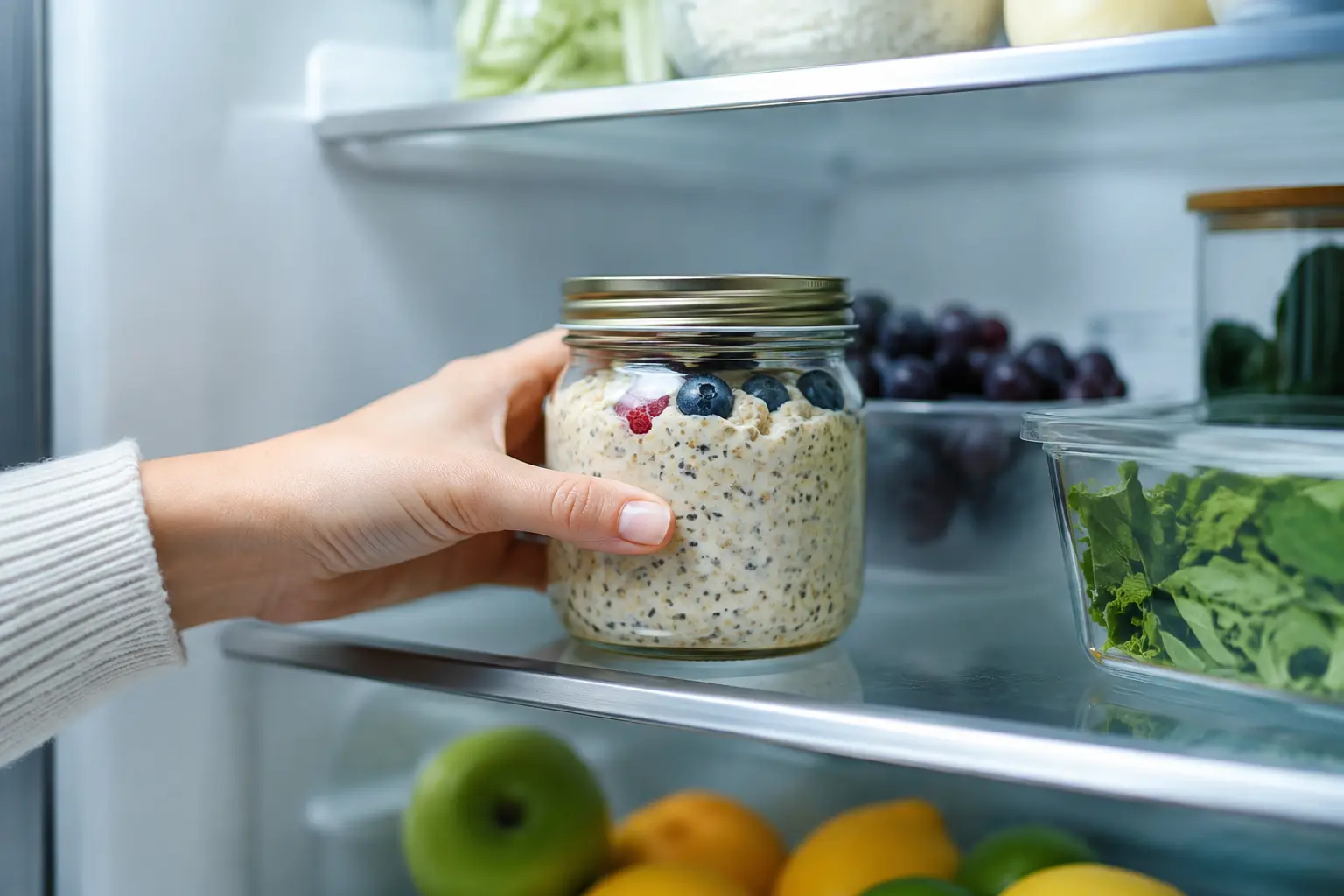 Bocal de overnight oats fermé placé dans un réfrigérateur