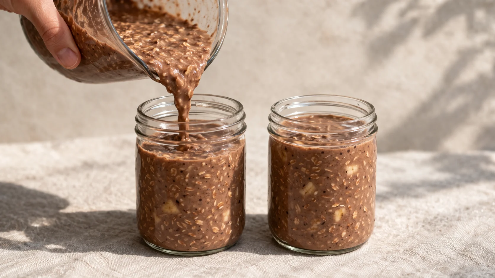 Deux bocaux en verre remplis de la préparation d'overnight oats chocolat-banane liquide, couvercles à côté prêts à fermer, fond lin beige, lumière naturelle