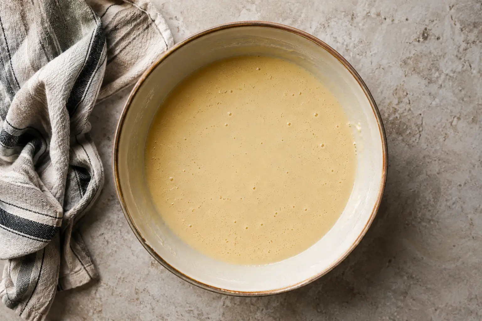 Pâte à gaufres protéinées aux amandes au repos avec des petites bulles en surface
