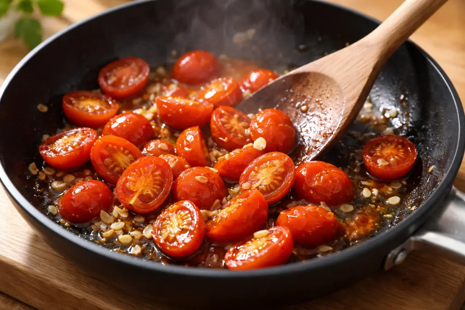 Petite poêle avec tomates cerises coupées en deux en train de revenir avec l'ail émincé, tomates légèrement fondantes et brillantes, spatule les remuant, plan de travail en bois clair