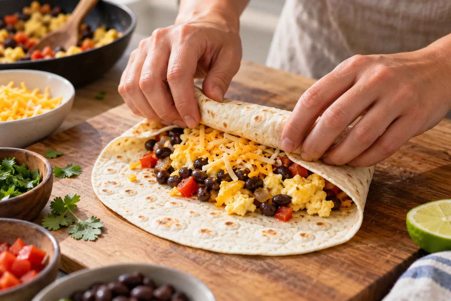 Mains en train de rouler un burrito garni d'œufs brouillés, haricots noirs et fromage
