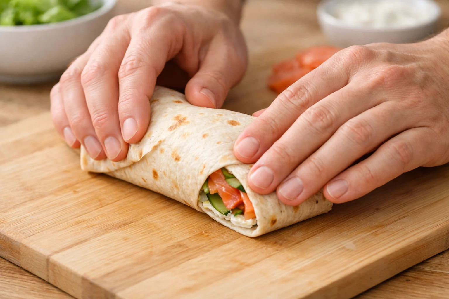 Deux mains roulant fermement le wrap saumon garni, bords repliés sur les côtés, cylindre compact en cours de formation sur plan de travail en bois clair, lumière naturelle